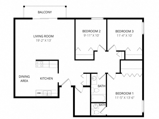 Floor plan for 3 beds, 1.5 baths, 1300 sqft
